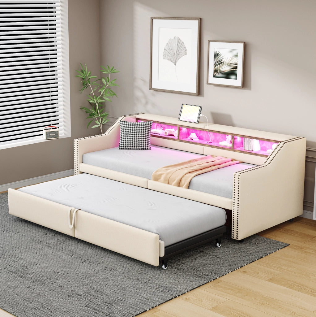Divano letto 90x200 cm estraibile con USB in burlap beige