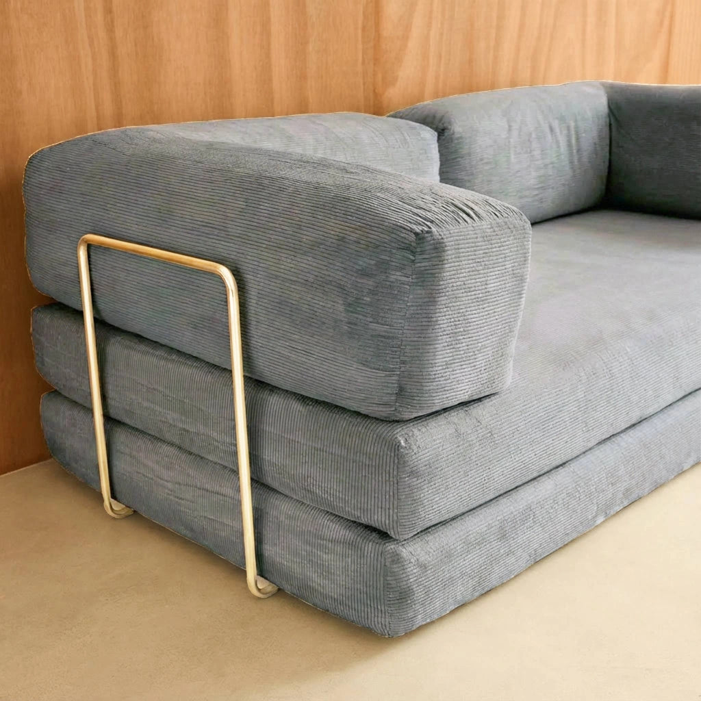 Divano letto futon in velluto a coste e struttura cromata, grigio