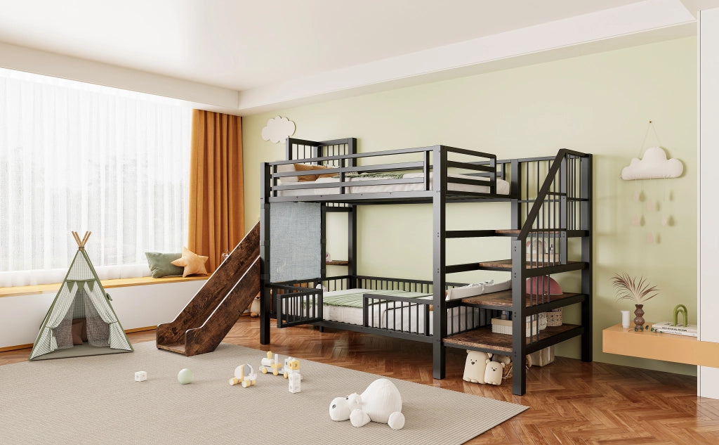 Letto a soppalco in metallo nero 90*200CM mensole scorrevoli per la conservazione telaio sicuro Letto per bambini risparmio spazio