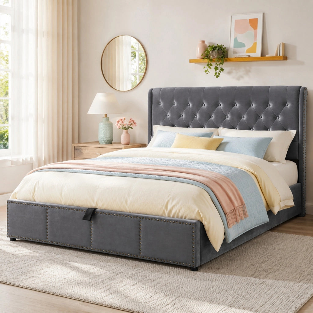 LETTO Contenitore 180x200 cm Velluto Grigio senza materasso