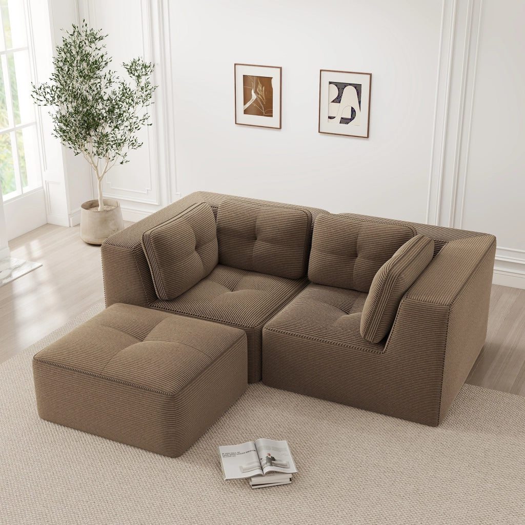 Divano angolare modulare 208x177x69 cm in velluto a coste marrone; con pouf mobile