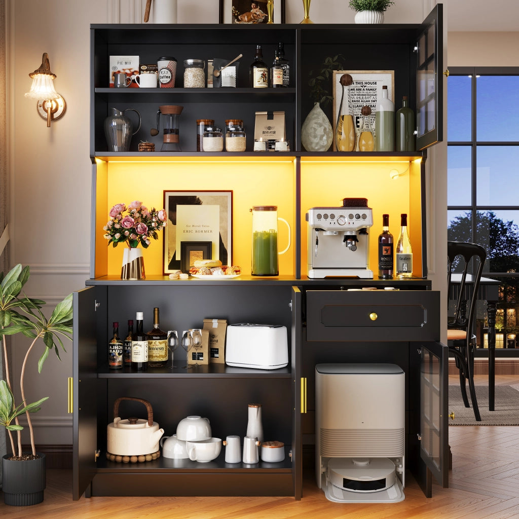Credenza da cucina alta con ante in vetro e LED; vano per robot aspirapolvere; per cucina; in MDF; nero; 130x45x180 cm