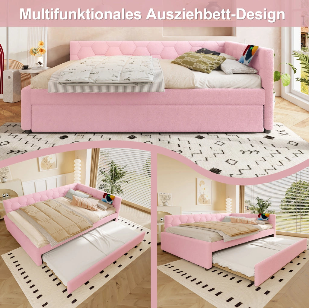 Daybed rosa 140x200 cm con letto estraibile, USB e luce