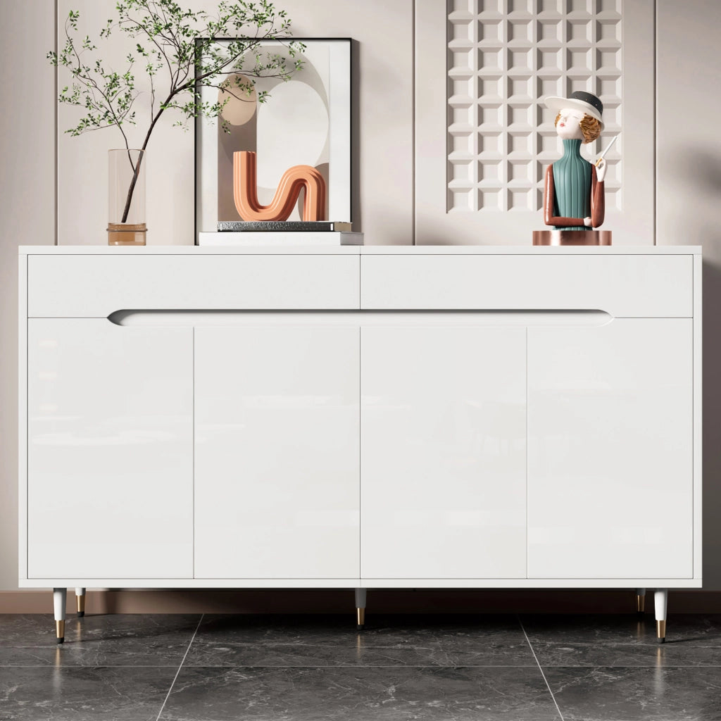Scarpiera con due cassetti e ripiani regolabili in truciolato bianco con gambe dorate 140 × 39 × 84 cm