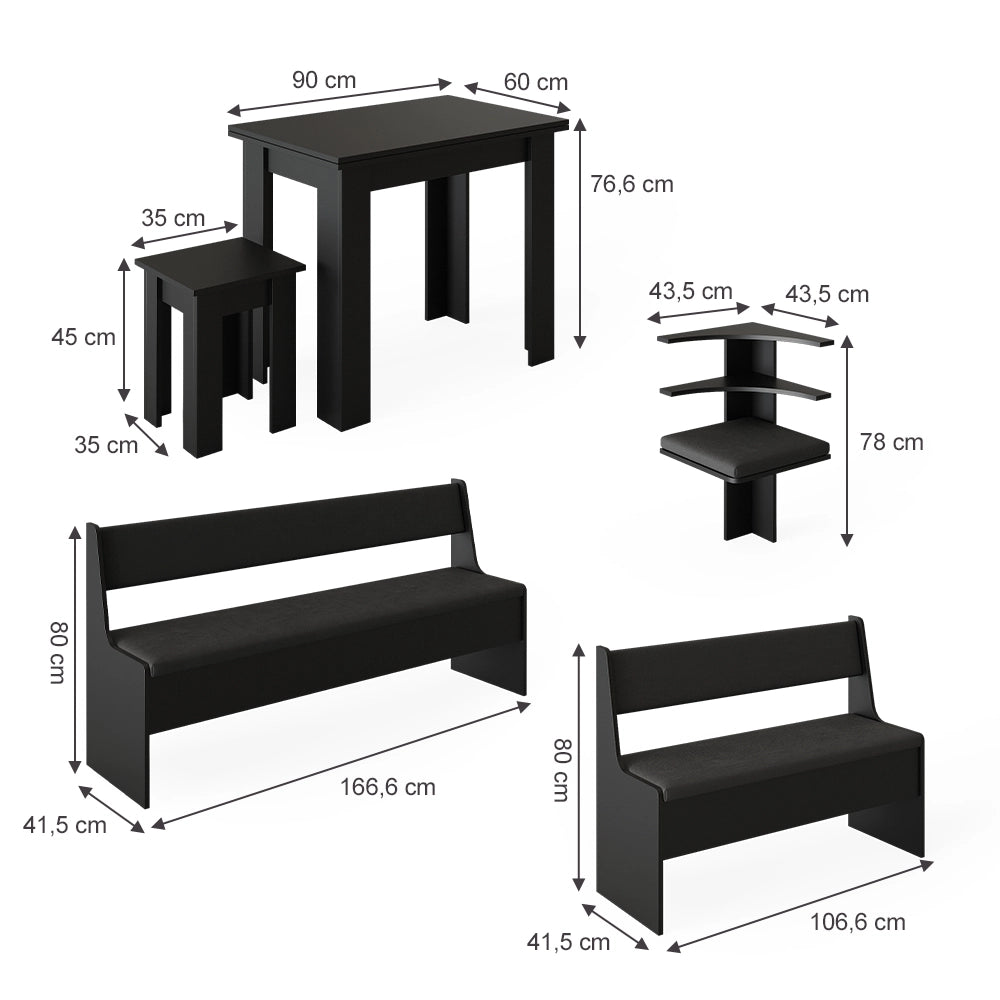 Vicco Gruppo panca ad angolo Nero 150 x 41.5 cm con tavolo
