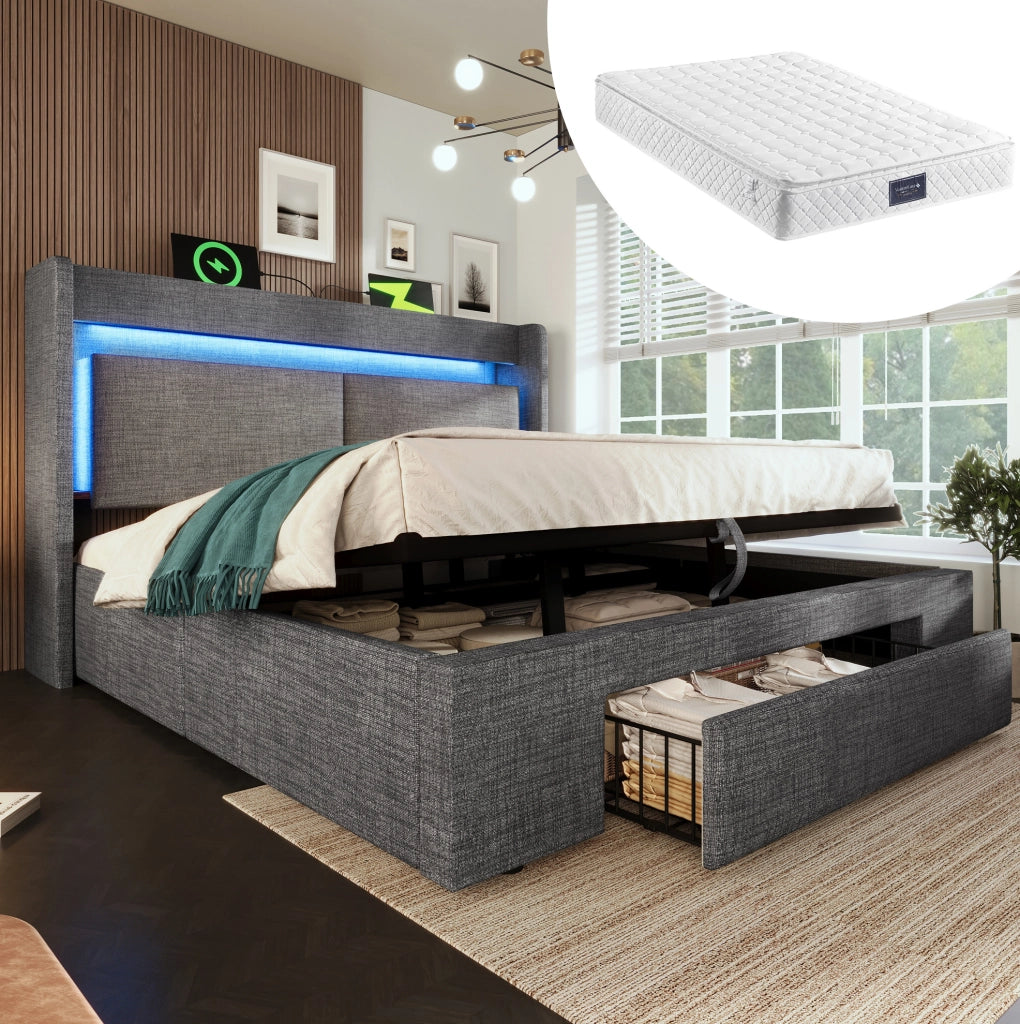 Letto imbottito 140x200 cm con materasso, LED, USB e vano