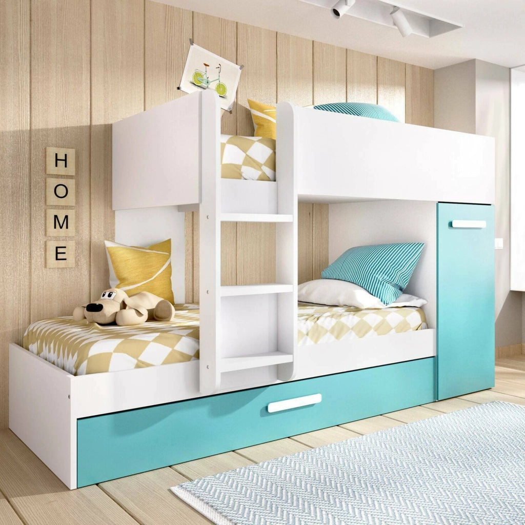 Composizione camera da letto Hikaa, Stanza da letto completa, Cameretta per bambini, Set per arredo a ponte, 244x112 h150 cm, Azzurro e Bianco