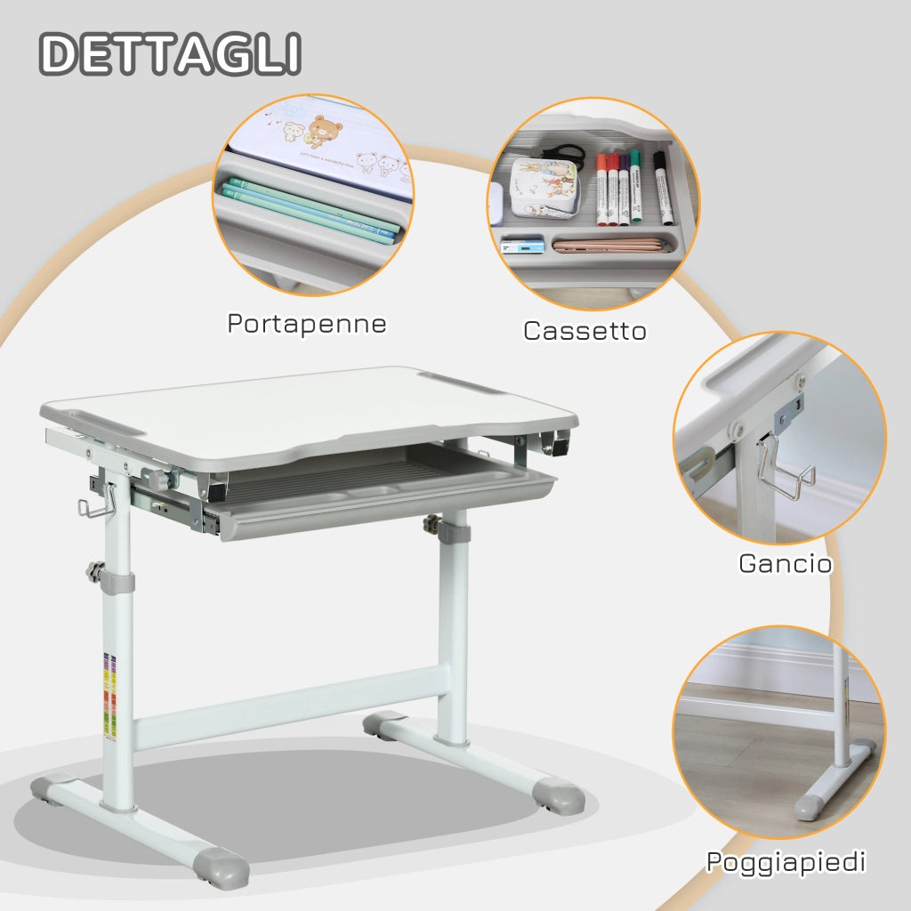 Scrivania Bambini con Sedia e Altezza Regolabile ¨C Zephmum ¨C Grigio, Legno, 66x47x52-77 cm