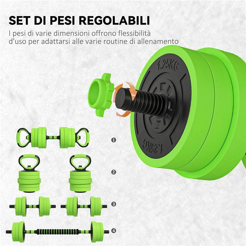 SET PESI DA PALESTRA 4 IN 1 DA 20KG, CONVERTIBILE IN KETTLEBELL, 2 MANUBRI, BILANCIERE E SUPPORTO FLESSIONI, VERDE