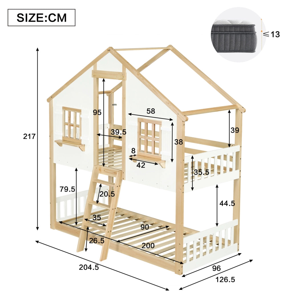 Letto a castello per bambini 90x200 cm con tetto e finestre