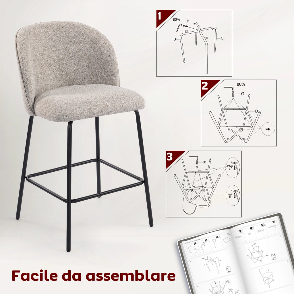 Set 2 Sgabelli da Bar 50x55x93 cm con Schienale e Poggiapiedi Rivestimento in Tessuto e Gambe in Acciaio Grigio