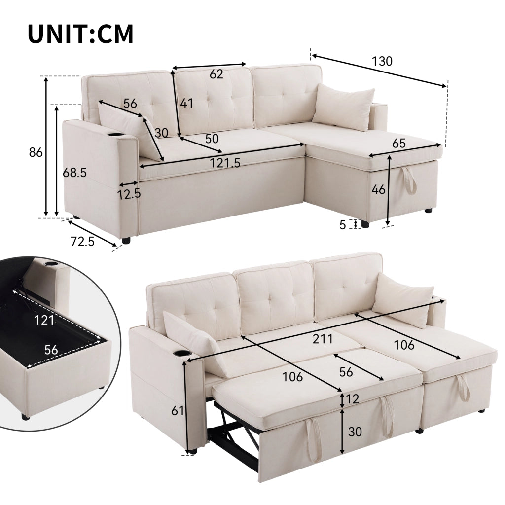 Divano Angolare Letto 3 Posti con Contenitore, Chaise Longue Reversibile, Portabicchieri, in Cotone Lino Beige