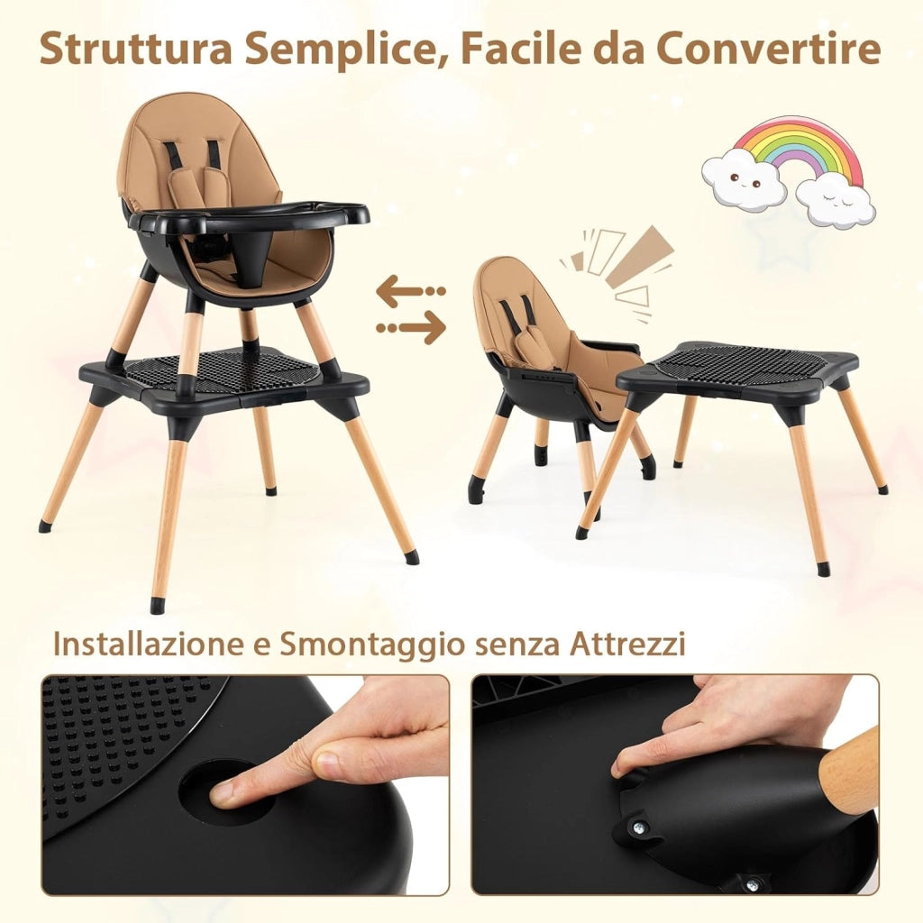 6-in-1 Seggiolone per Neonati, Seggiolone Prima Pappa, Tavolo e Sedia Convertibile per Bambini, Imbracatura di Sicurezza, Vassoio Rimovibile, per Bambini 6-36 Mesi (Caffè+Nero)