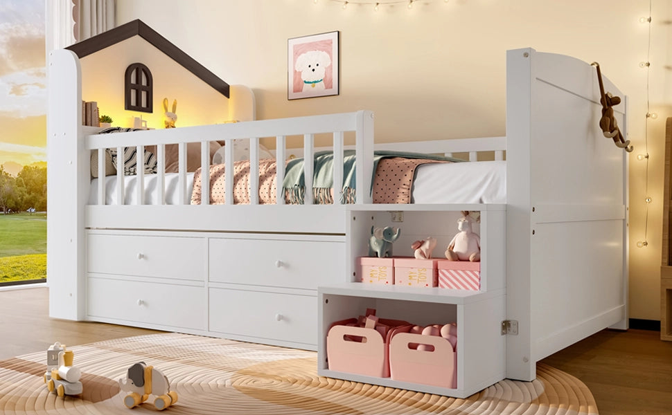 DESMIU Letto per bambini rialzato 1 posto con 4 cassetti, LED regolabile e scala con ripiani, 90 × 200 cm, senza materasso