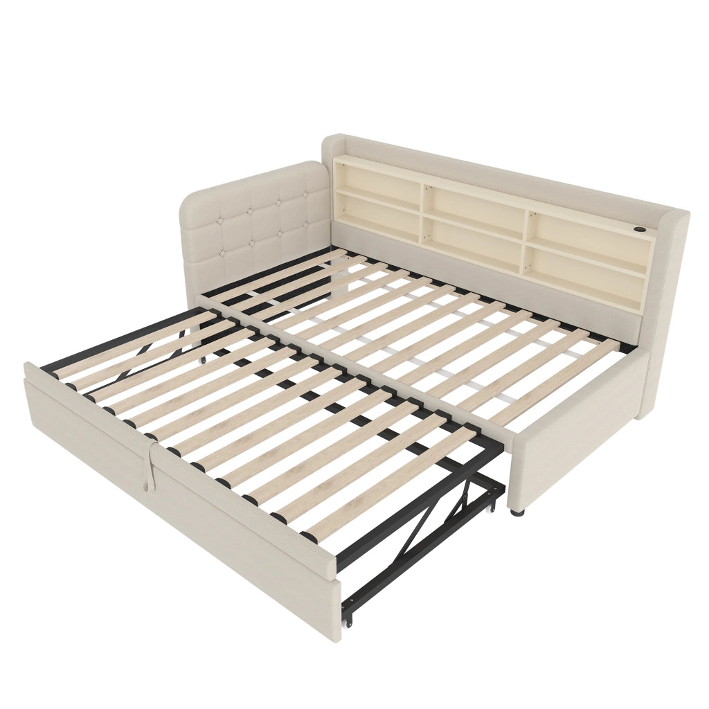Letto estraibile singolo 90×200 cm e 90×189 cm con USB; Type-C e ripiani; senza materasso; lino; beige