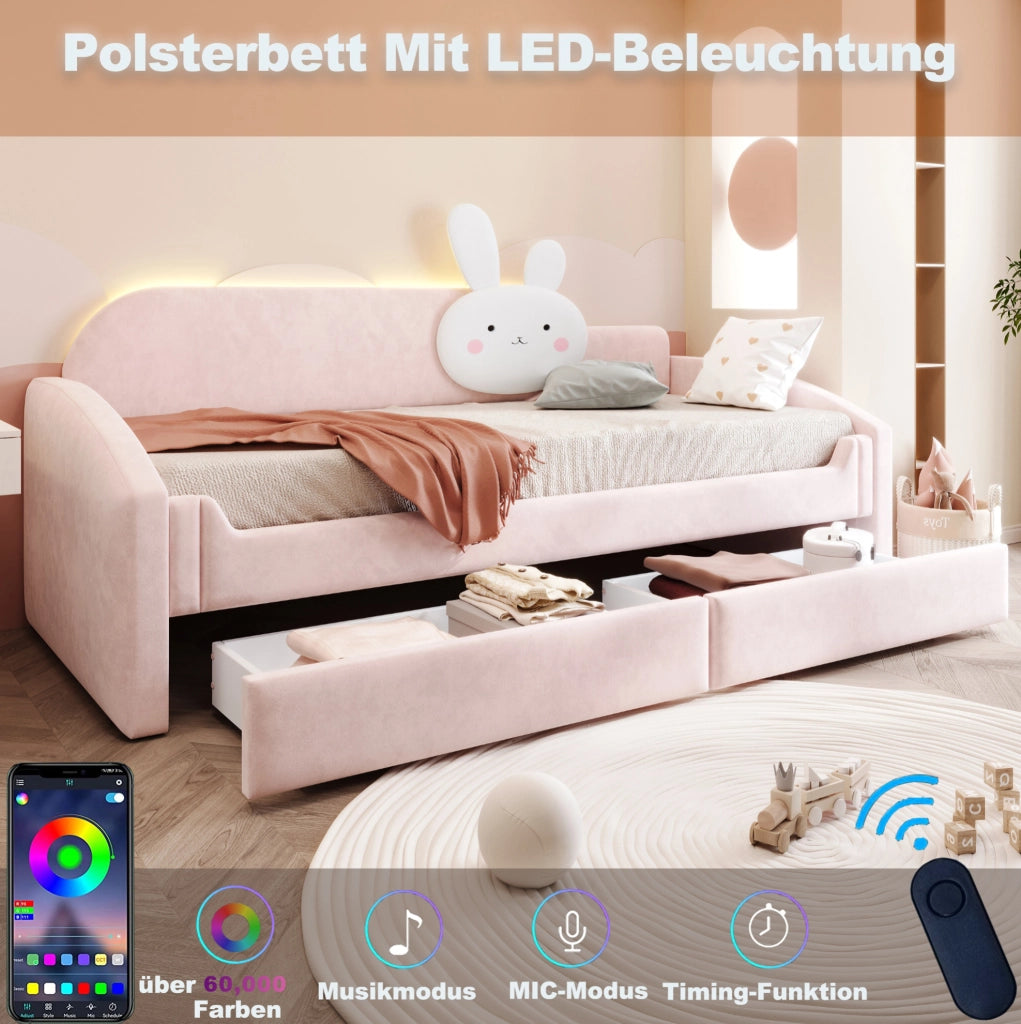 Letto per bambini 90x200 cm con 2 cassetti; LED e schienale con cuscino a coniglio; rosa