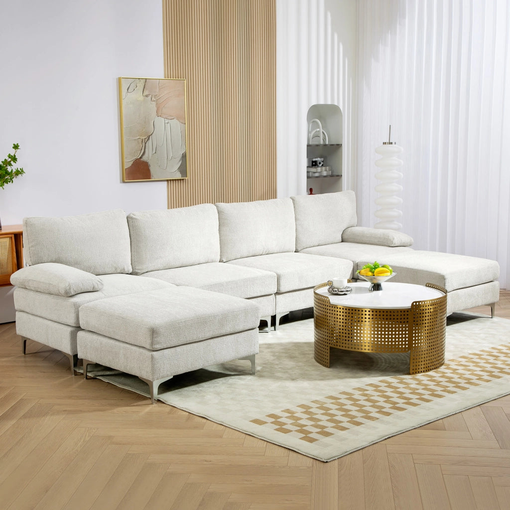 Divano Angolare 4 Posti con Poggiapiedi e Cuscini ¨C zephmum ¨C Tessuto Ciniglia Bianco Crema 313x149x88