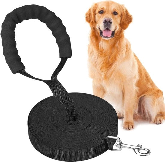 Uitlaatriem per cavo per cani - 10 metri - Con manubrio rivestito e gancio di cinturone - Nero - Adatto per cani di taglia media e grande