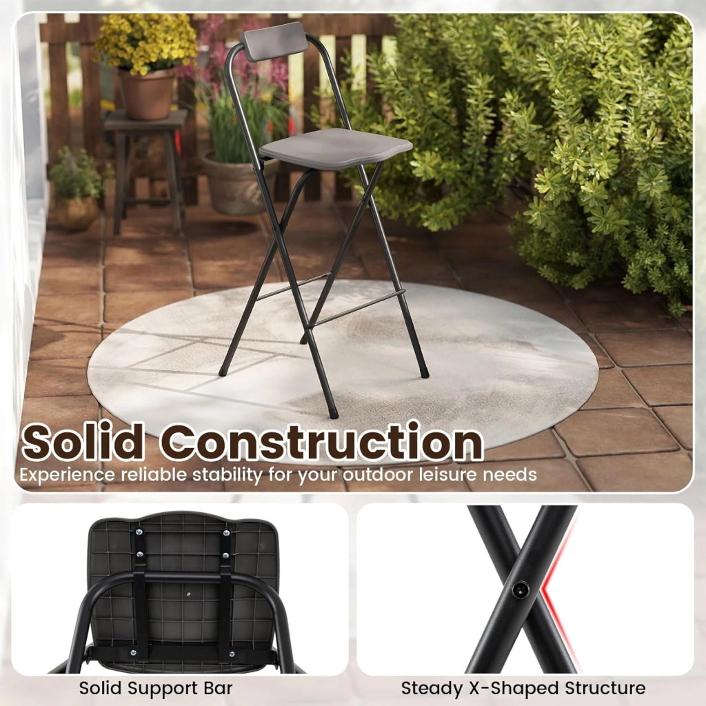 Set di 2 Sgabelli da Bar Pieghevoli, Sedie per Esterni con Schienale Inclinabile, Seduta Curvata e Poggiapiedi, Sgabelli Alti con Struttura in Metallo per Balcone, Terrazza, Giardino (Grigio)