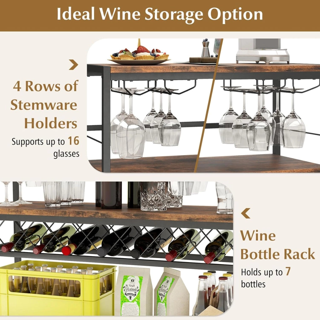 Mobile Bar Centrale con 4 Ripiani, Capacità per 7 Bottiglie e 16 Bicchieri, con 3 Scomparti Aperti e Piedini Regolabili, Adatto per Cucina e Bistrot, Marrone