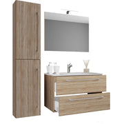Completo Set bagno 4 Pezzi Mobile sospeso 2 casetti con Lavabo large in ceramica incl 1 Colonna e specchio, Rovere Sonoma ,