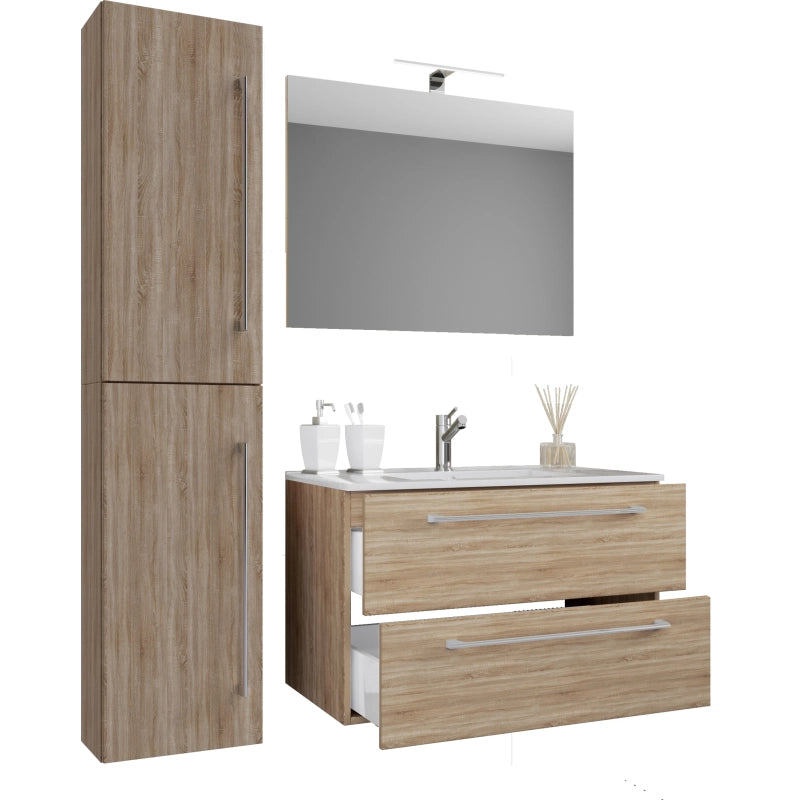 Completo Set bagno 4 Pezzi Mobile sospeso 2 casetti con Lavabo large in ceramica incl 1 Colonna e specchio, Rovere Sonoma ,