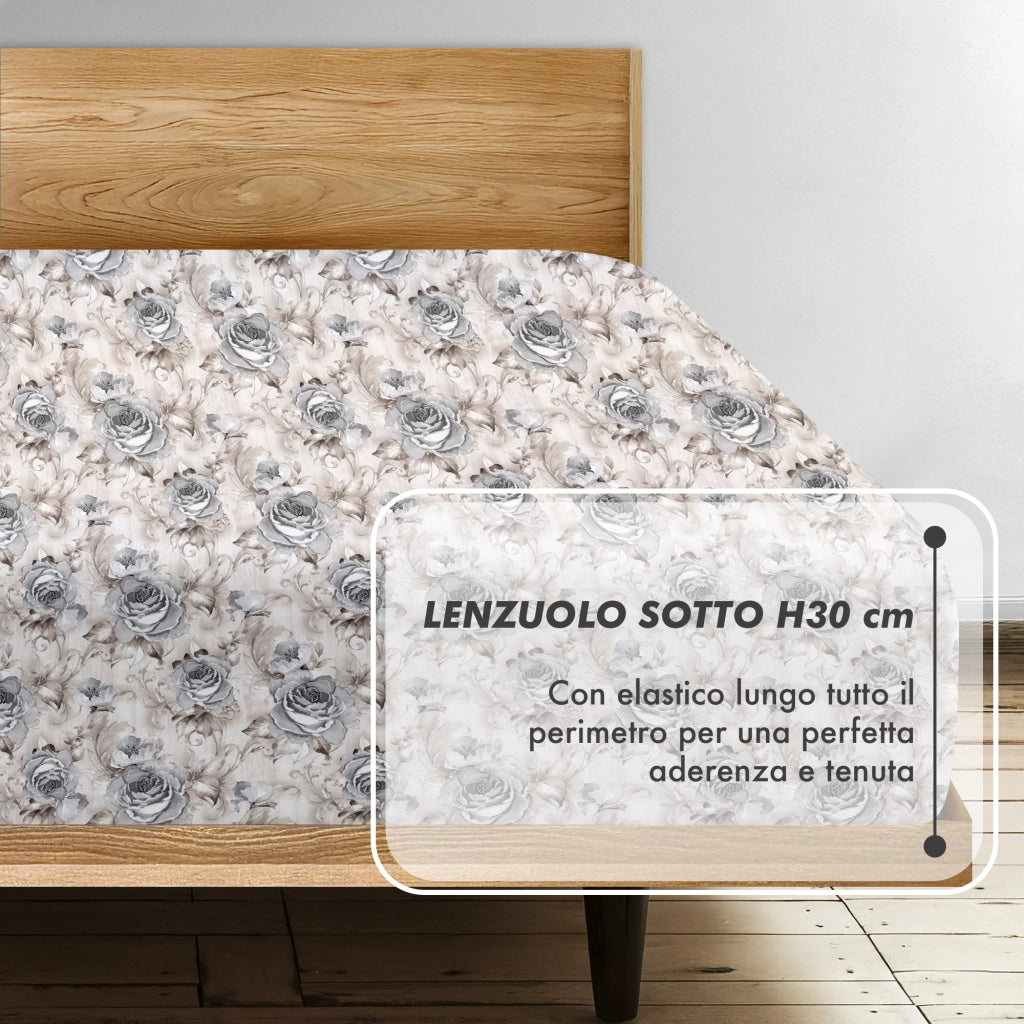 Completo Letto Matrimoniale No Stiro Set Lenzuola In Morbida Microfibra Anallergica Lenzuolo Sotto Con Angoli Elastici Fino 30 Cm, Lenzuolo Teso Sopra 2 Federe Prodotto Italiano  Boccioli Grigio
