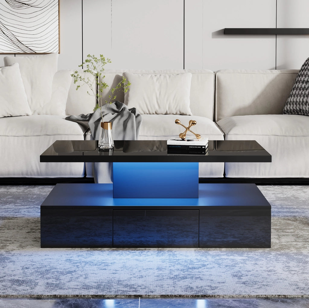 Tavolino da caffè LED nero con cassetto e ripiano, 100x50x39 cm