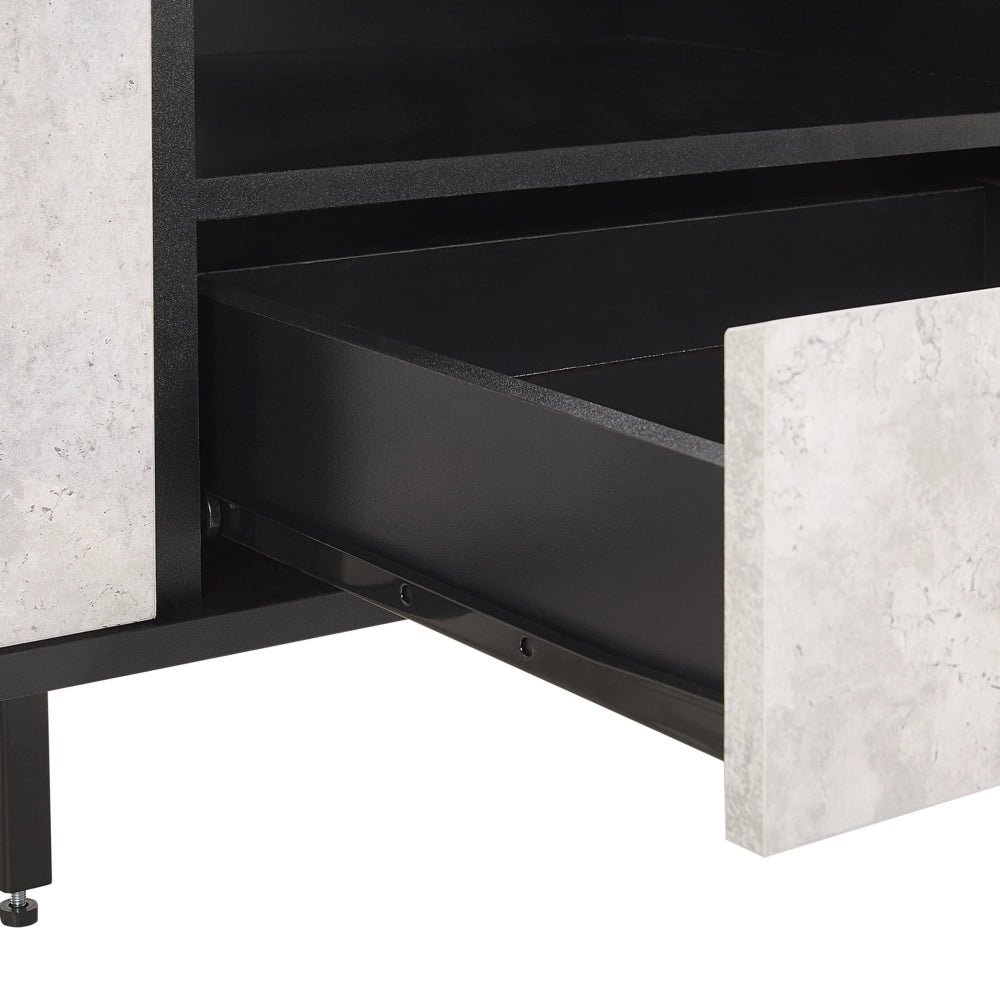 Mobile TV effetto cemento e gambe in metallo Nero fino a 75ʺ con 1 cassetto e 2 armadi in stile industriale