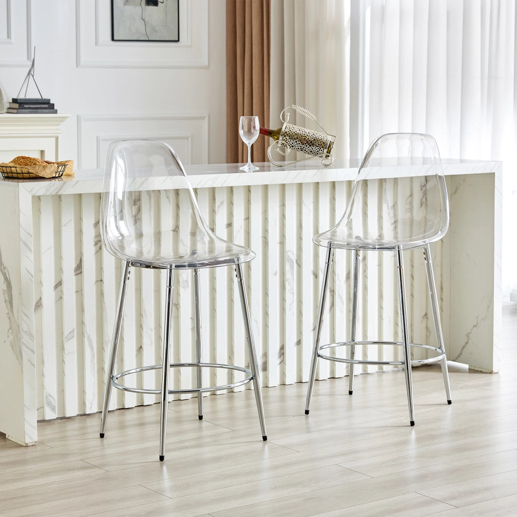Sgabello da bar trasparente set di 2 con schienale ergonomico e struttura in metallo, effetto leggero argento
