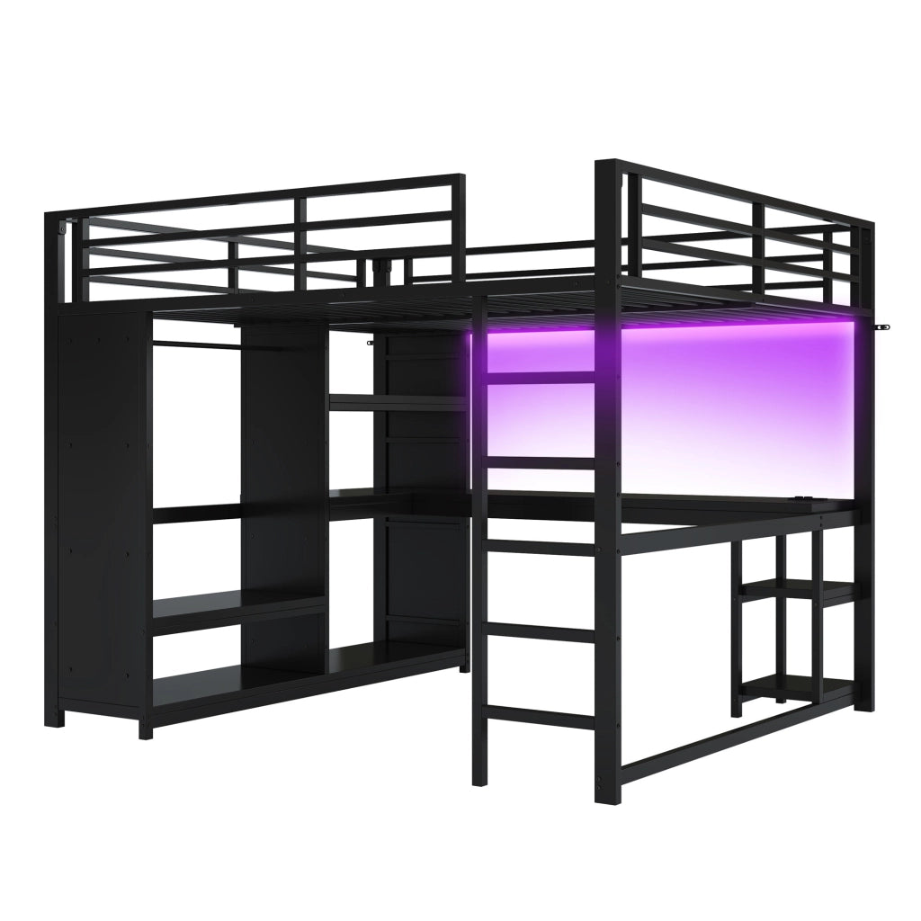 LETTO a soppalco 160x200 cm in metallo nero con scrivania, armadio aperto e LED