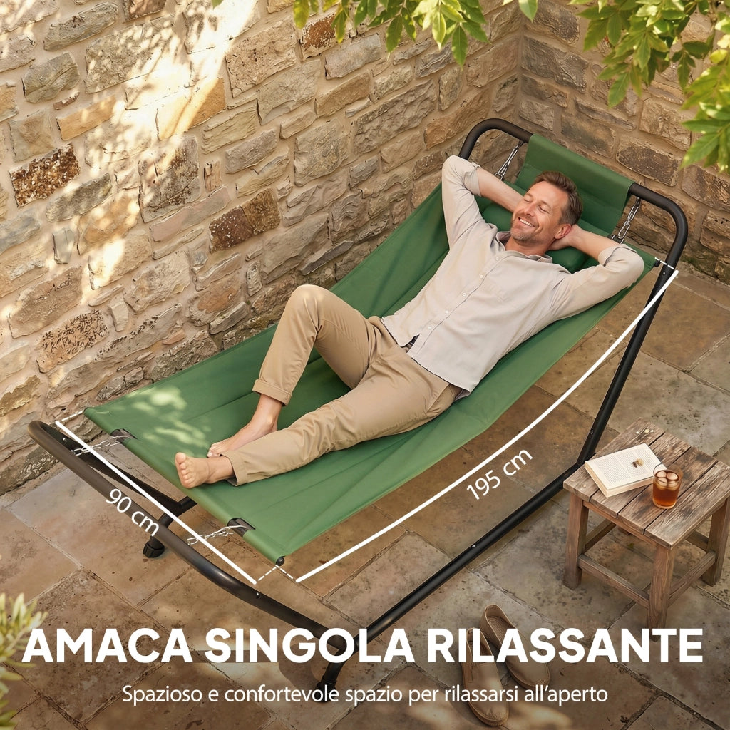 Amaca da Giardino 237x90x92 cm con Supporto Tasca Laterale e Poggiatesta in Metallo e Poliestere Verde Scuro
