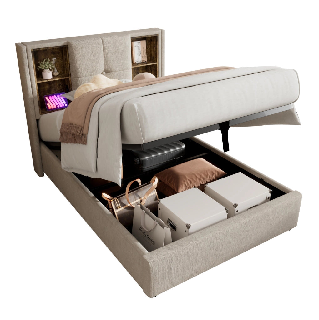 Letto singolo imbottito 90x200 cm in lino naturale con ricarica wireless; USB e contenitore
