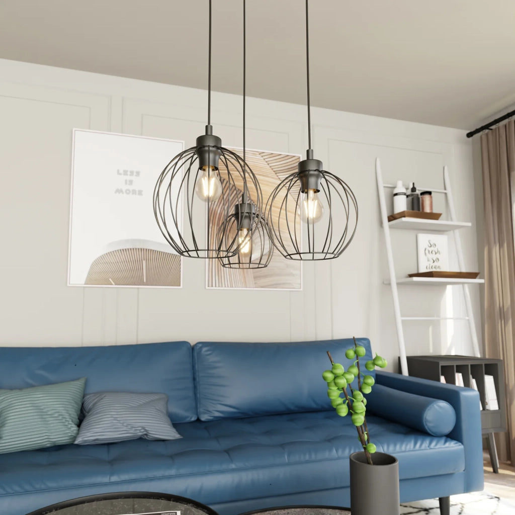 Sospensione Minimal Industrial Hathor 3 Luci Tonda Nera
