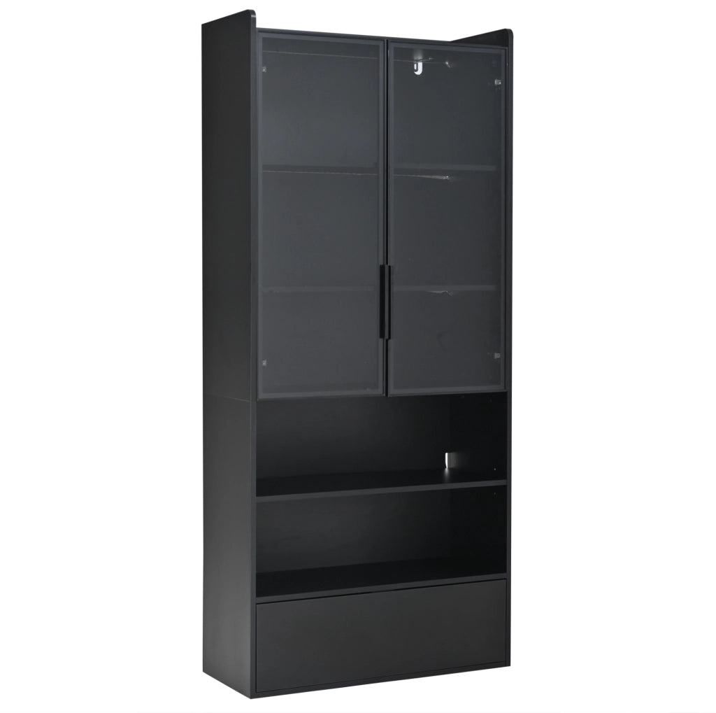 Vetrina alta 80 x 34 x 180 cm con LED; 1 cassetto; ante in vetro; nero