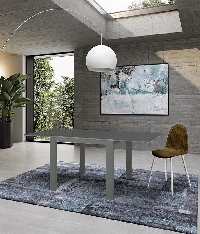 Tavolo Allungabile Banner 90x90/163,5 cm in Vetro Temperato Acidato e Metallo Verniciato Grigio - Design Elegante Minimalista