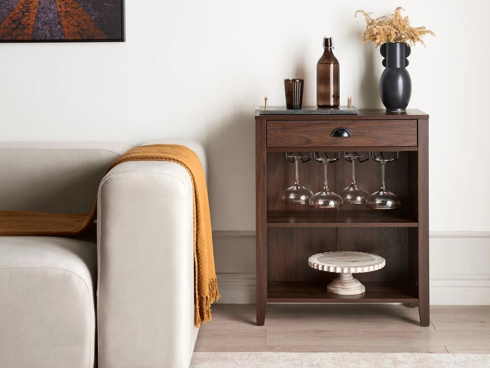 Credenza con cassetto 2 ripiani e porta bicchieri in vetro legno scuro stile moderno soggiorno