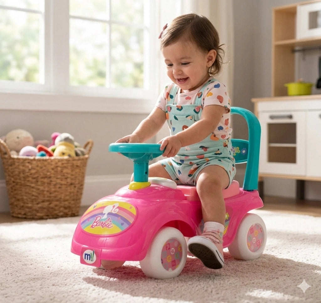 Macchina Cavalcabile per Bambini Volante Direzionabile Vano Contenitore e Telefono Barbie Rosa e Verde Acqua