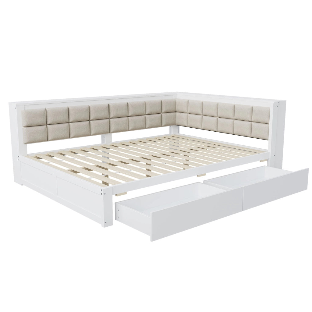 Letto salvaspazio una piazza e mezza 140×200 cm con 2 cassetti; testiera morbida e rete; senza materasso; legno bianco