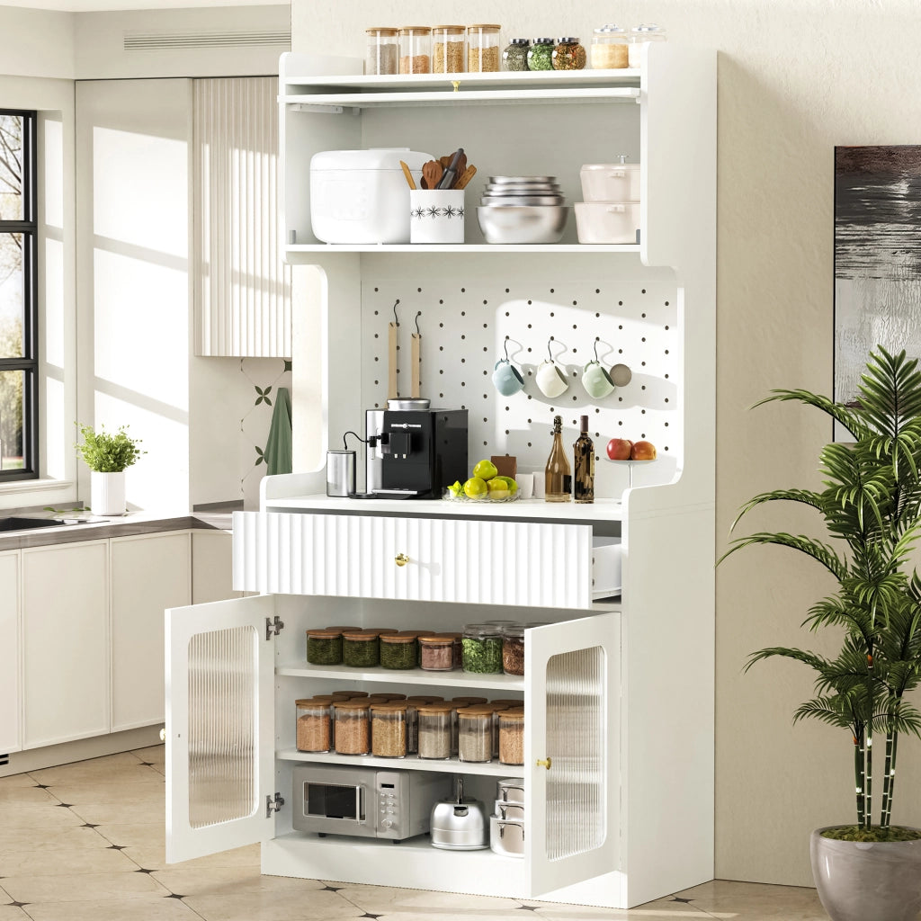 Credenza alta con 1 cassetto, ripiani regolabili, LED e vetrina per cucina, soggiorno e sala da pranzo 80 × 40 × 180 cm