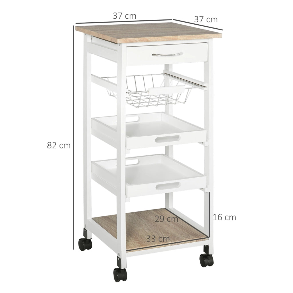 Easycomfort Carrello da Cucina Salvaspazio in Legno di Pino e MDF, Carrello Portaoggetti con Cassetto, Cestello, 2 Vassoi e 4 Ruote Universale, 37x37x82cm, Bianco