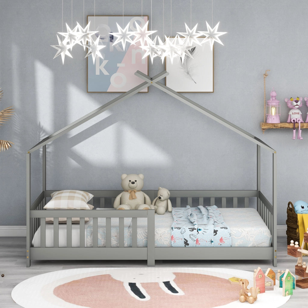 DESMIU Letto a Casetta per Bambini 90 × 200 cm 1 Posto con Sponde di Sicurezza e Spazio Contenitivo, senza Materasso, Grigio