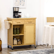 Carrello da cucina in bambù con piano in vetro, cassetti, ripiani aperti e armadietto
