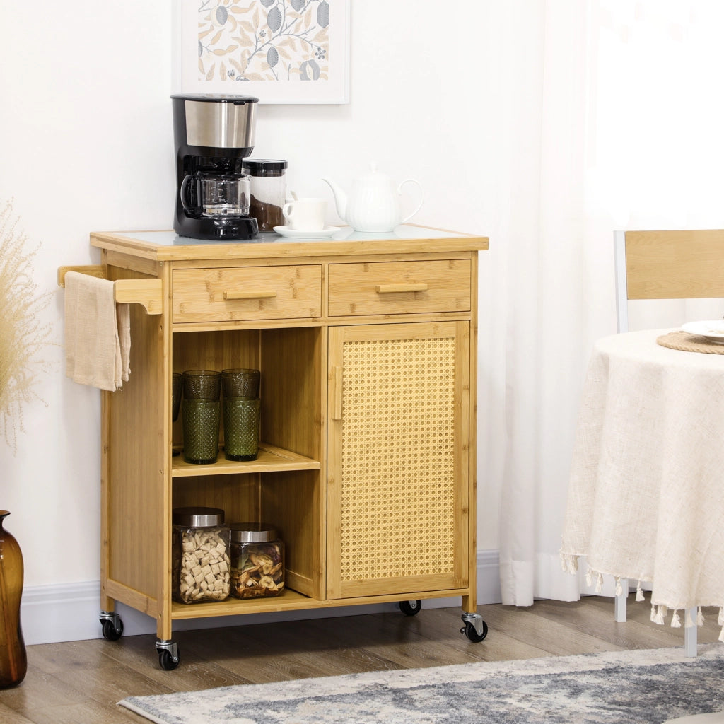 Carrello da cucina in bambù con piano in vetro, cassetti, ripiani aperti e armadietto