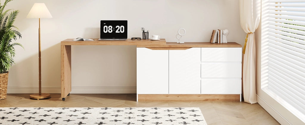 Scrivania pieghevole multifunzionale con 2 ante, 3 cassetti e ruote frenanti, per studio, bianco e rovere 120 × 50 × 78 cm