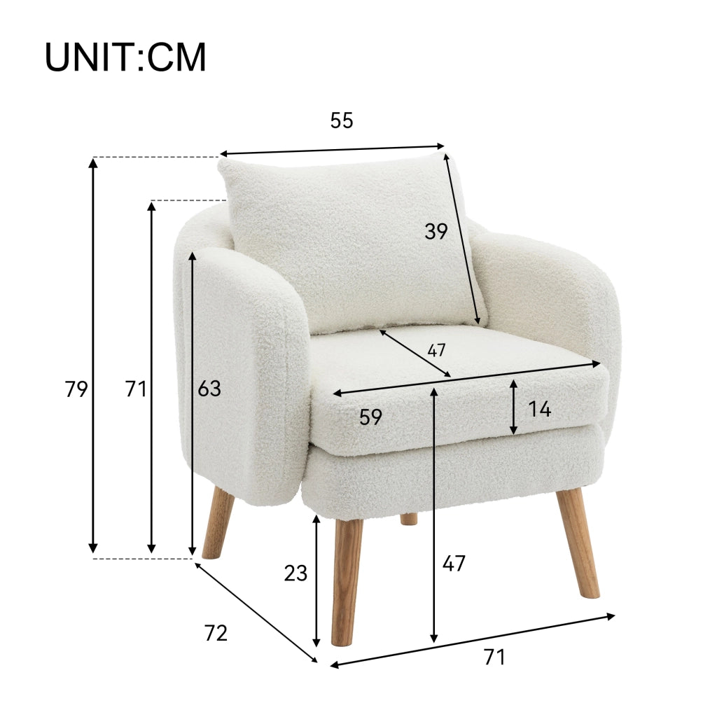 Poltrona in tessuto teddy con cuscino lombare e seduta da 14 cm, struttura in legno massello bianco 71 × 72 × 71 cm