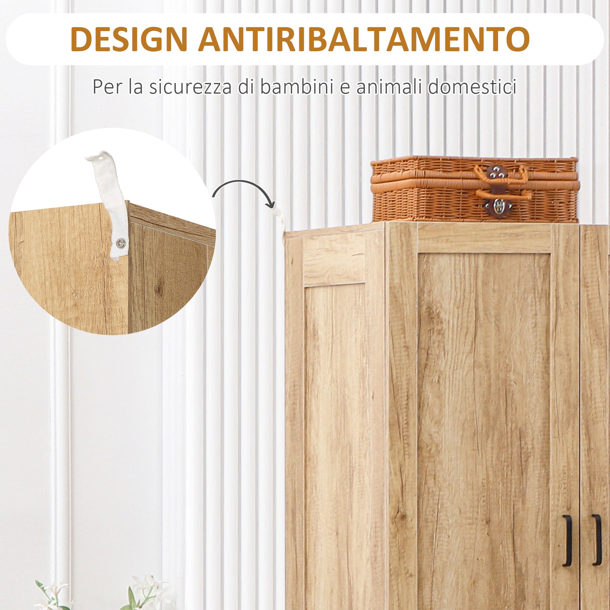 Armadio 2 Ante a Battente con 2 Cassetti 80x54x180 cm  con Asta Appendiabiti in Truciolato Color Legno