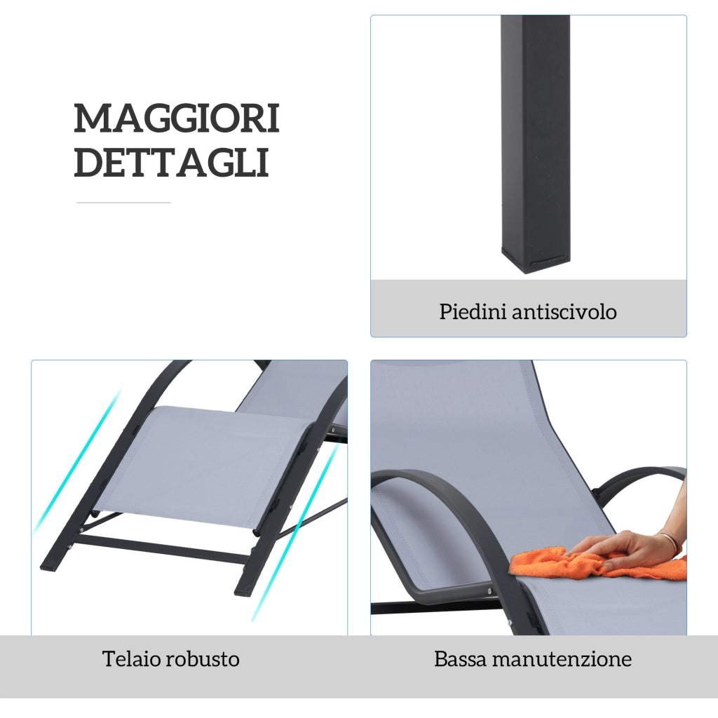 Set di 2 Lettini Prendisole 59x169x66 cm e Tavolino con Piano in Vetro Grigio Chiaro