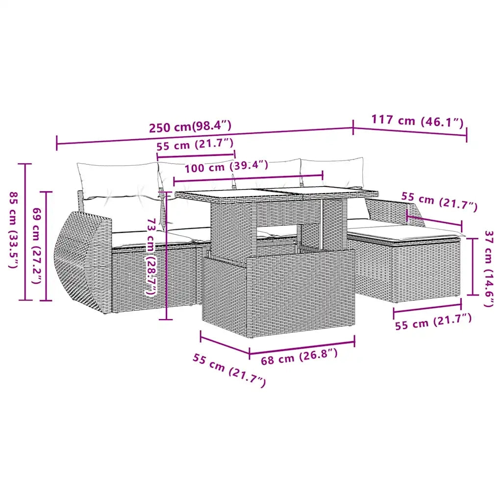 Set Divano da Giardino 6 pz con Cuscini Nero in Polyrattan