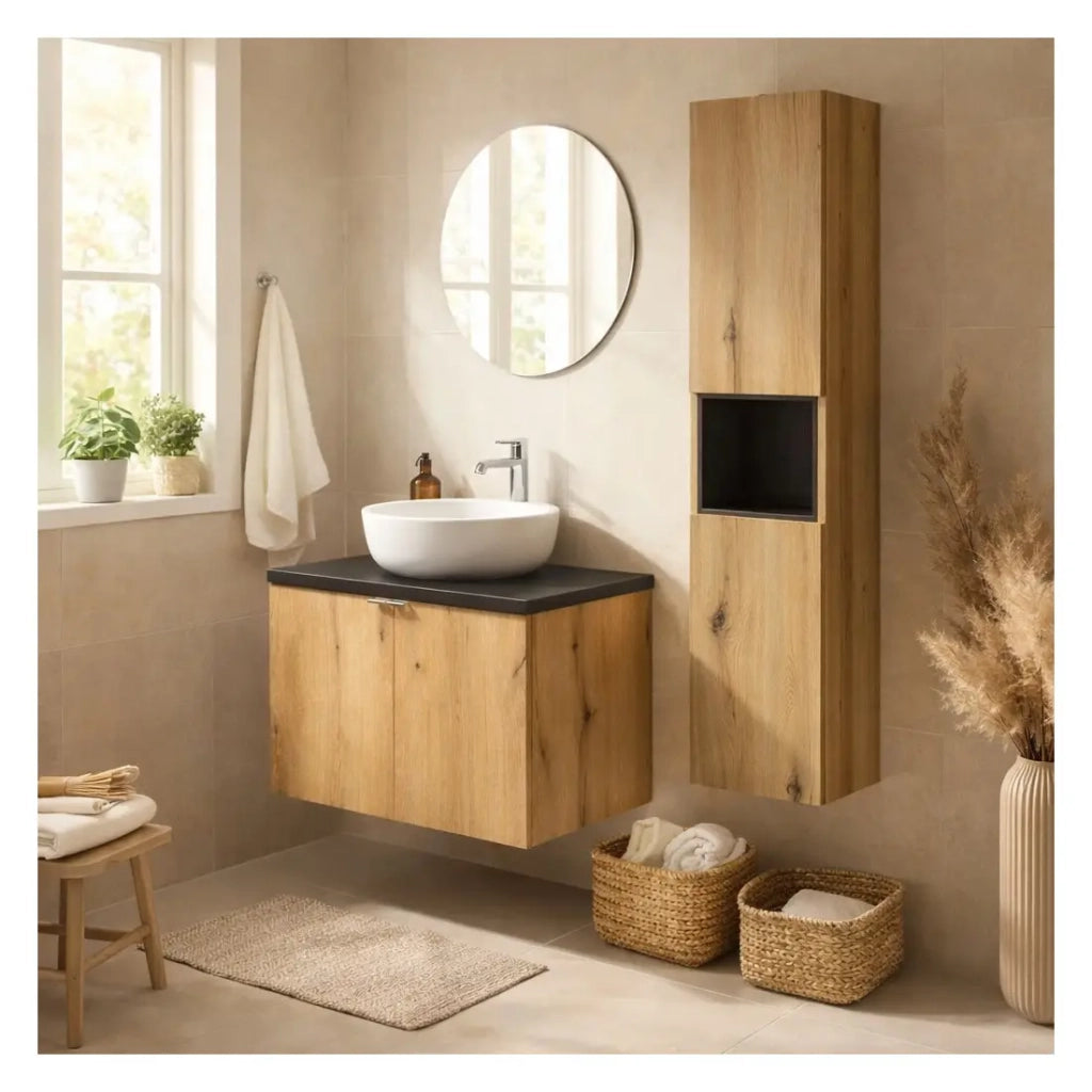 Set bagno VANO effetto rovere e nero 110cm: mobile sotto lavabo con armadietti + piano per lavabo + colonna